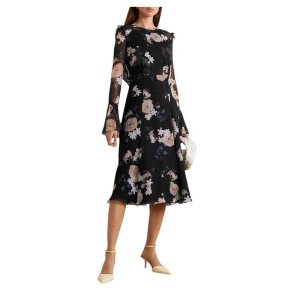 ERDEM Navy Silk Chiffon Floral Print Midi Dress Size 2 - Picture 3 of 3